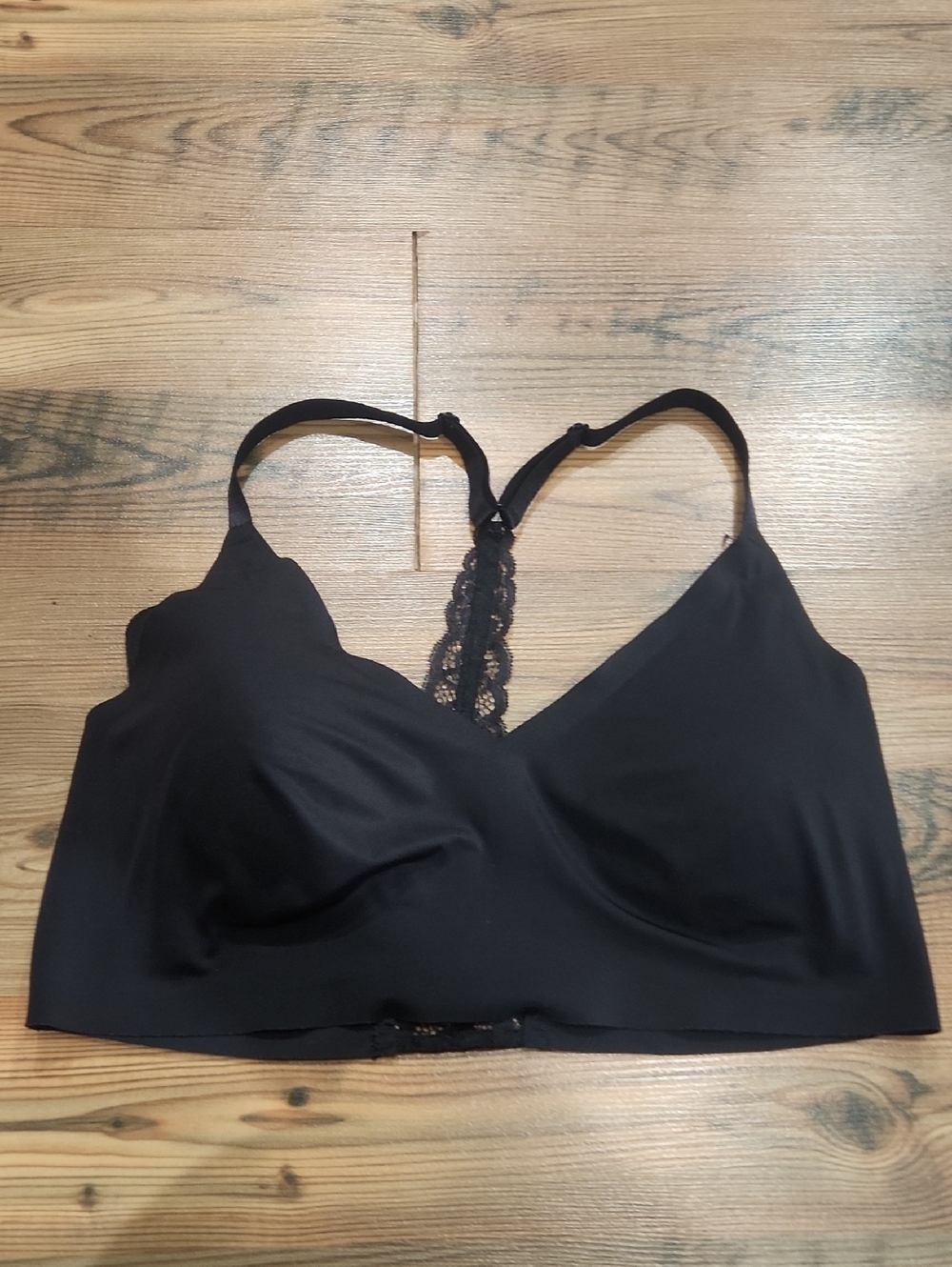 True & Co Black Stretch Racerback Lace Boost Plunge Bra Large Adjustable Padded